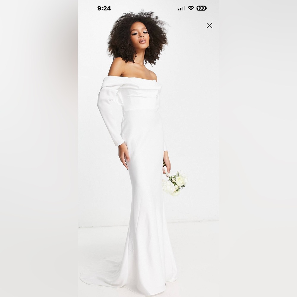 ASOS EDITION Elodie long sleeve satin drape bardot wedding dress in ivory
